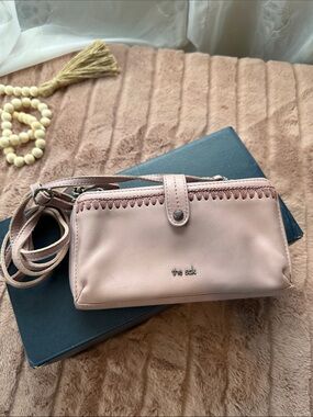 The Sak Blush Pink Leather Crossbody Wallet with Whipstitch Detail
